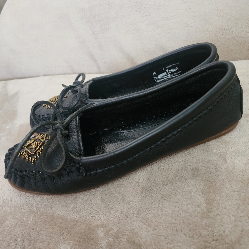 Black Leather  Comfort Beaded Moccasin Flats with Gold Accents.wide.